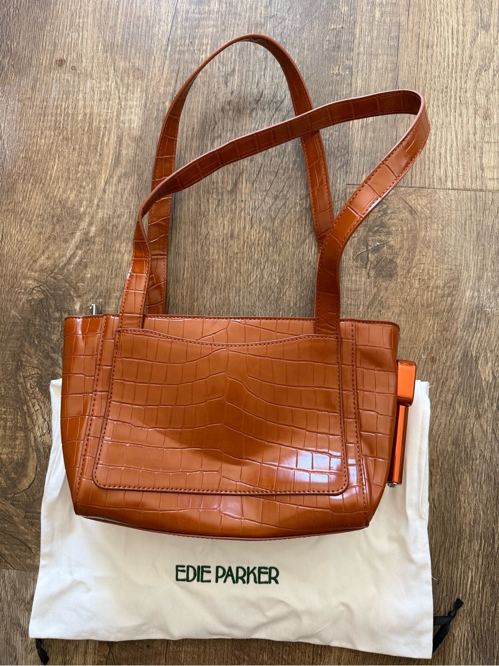 Edie Parker Croc-Embossed Saddle Brown Leather Shoulder Bag